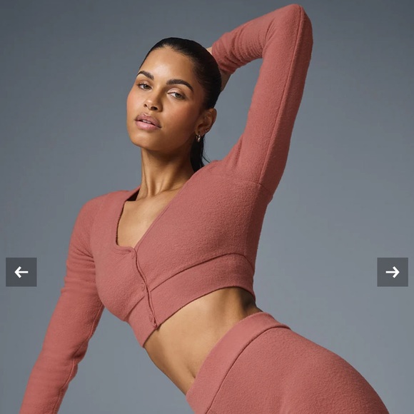 Alo Yoga Alolux Cropped Me Time Cardigan Sweater Top Button Down Soft Terracotta - Picture 4 of 11
